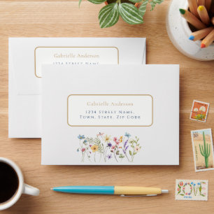 Whimsical Watercolor Wildflowers Gold Wedding  Envelope