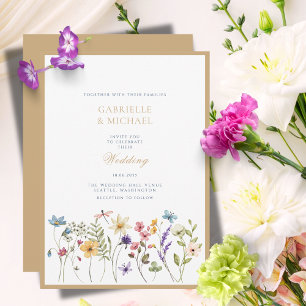 Whimsical Watercolor Wildflowers Gold Wedding Invitation