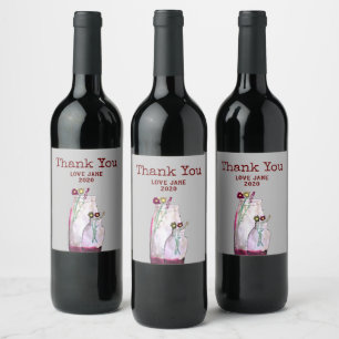 Whimsical watercolor wildflowers in vase wine label