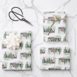 Whimsical watercolor winter forest and cottage  wrapping paper sheet