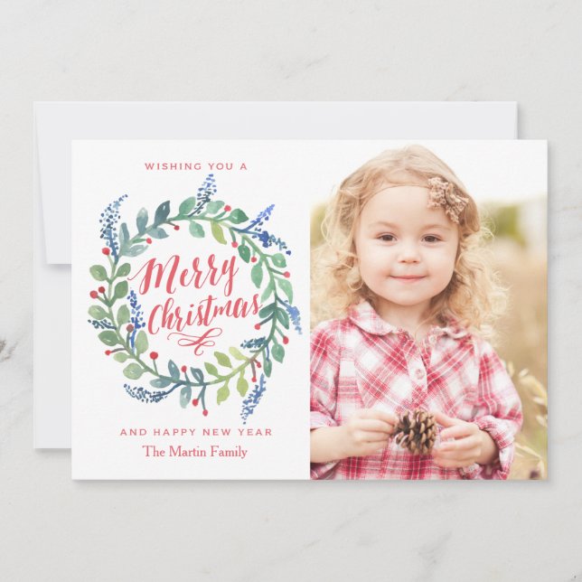 Whimsical Watercolor Wreath Christmas Photo Card (Front)