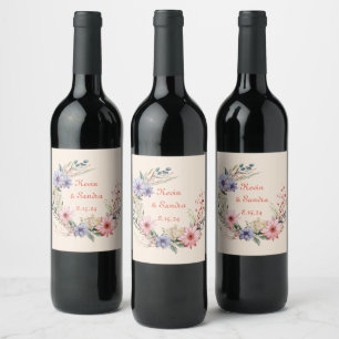 Whimsical Watercolor Wreath Wine Label