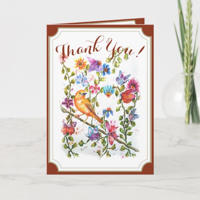Whimsical Watercolor Yellow Bird THANK YOU Card (Front)