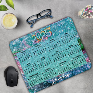 Whimsical wavy blue purple Glitter monogram 2025 Mouse Pad