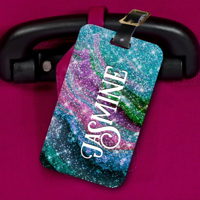 Whimsical wavy blue purple Glitter monogram Luggage Tag (Creator Uploaded)