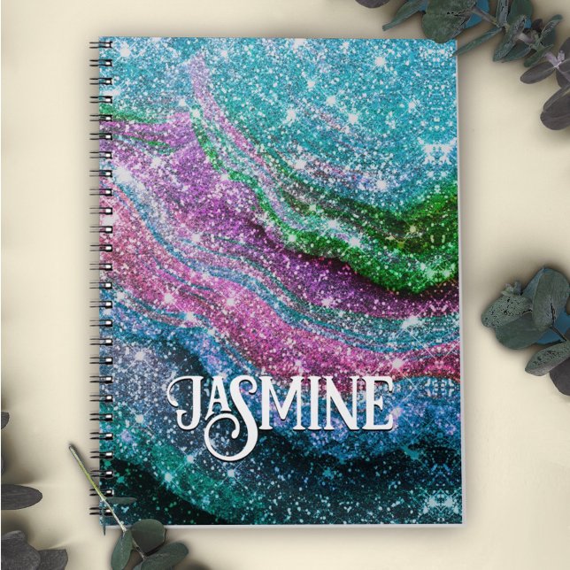 Whimsical wavy blue purple Glitter monogram Notebo Notebook (Creator Uploaded)