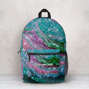 Whimsical wavy blue purple Glitter monogram Notebo Printed Backpack