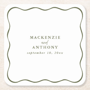 Whimsical Wavy Border Handwritten Modern Green Square Paper Coaster