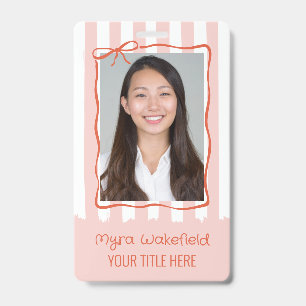 Whimsical Wavy Bow Frame Blush Stripes Photo ID Badge
