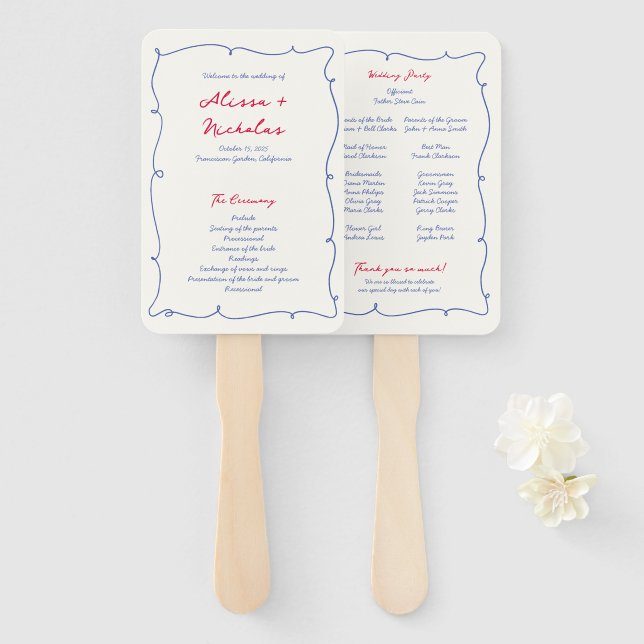 Whimsical Wavy Colourful Border Wedding Program Hand Fan (Front and Back)