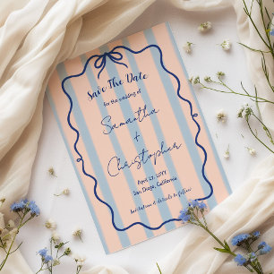 Whimsical Wavy Frame Blue Bow Retro Stripe Wedding Save The Date