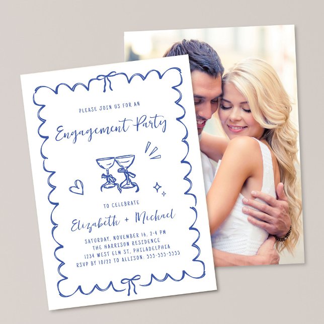 Whimsical Wavy Frame Blue Photo Engagement Party Invitation (Creator Uploaded)