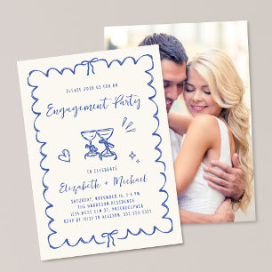 Whimsical Wavy Frame Blue Photo Engagement Party Invitation