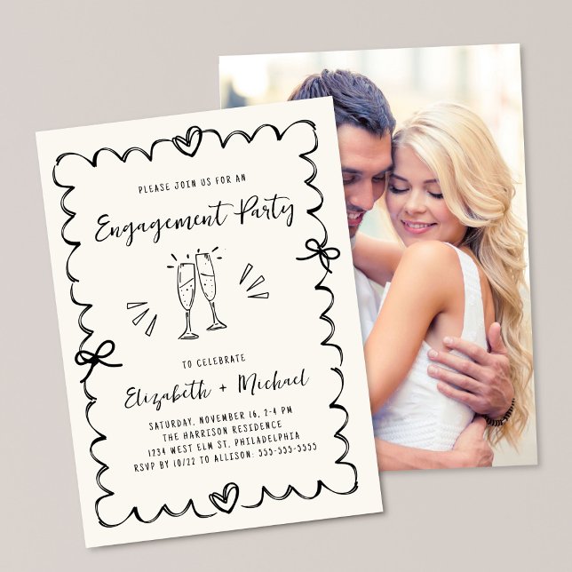 Whimsical Wavy Frame Cream Photo Engagement Party Invitation (Creator Uploaded)