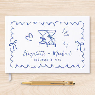 Whimsical Wavy Frame Hand Drawn Blue Wedding Guest Book