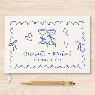 Whimsical Wavy Frame Hand Drawn Cream Blue Wedding Guest Book