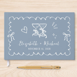 Whimsical Wavy Frame Hand Drawn Dusty Blue Wedding Guest Book