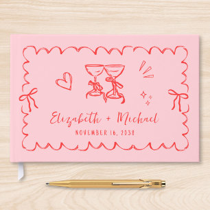 Whimsical Wavy Frame Hand Drawn Pink Red Wedding Guest Book