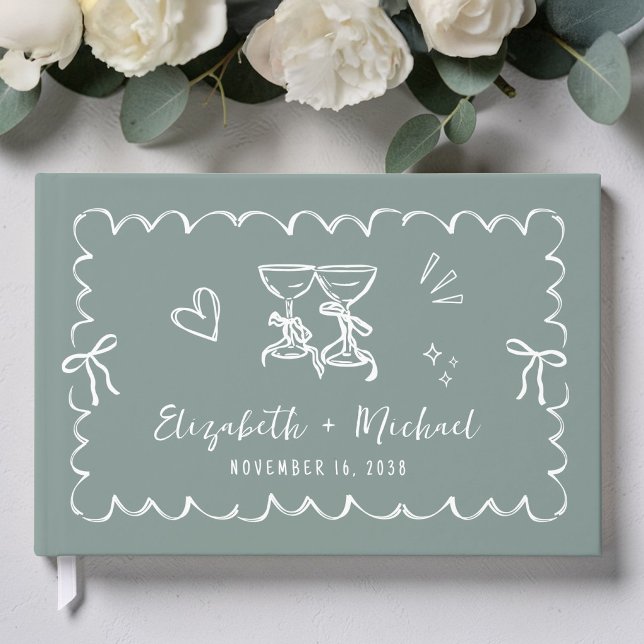 Whimsical Wavy Frame Hand Drawn Sage Green Wedding Guest Book (Whimsical Wavy Frame Hand Drawn Sage Green Wedding Guest Book)