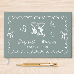 Whimsical Wavy Frame Hand Drawn Sage Green Wedding Guest Book