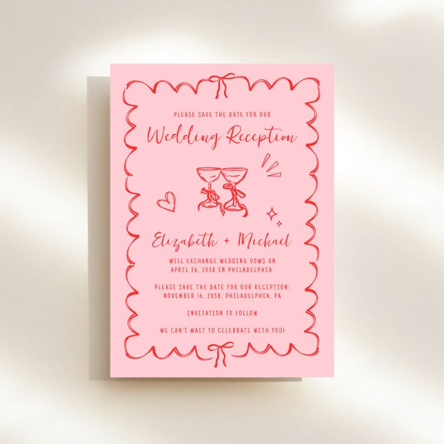 Whimsical Wavy Frame Photo Wedding Reception Save The Date (Fun wedding reception save the date featuring whimsical hand drawn wine glasses with hearts + bows)
