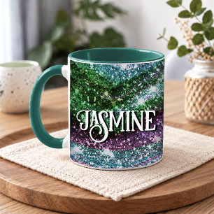 Whimsical wavy green pink Glitter monogram Mug