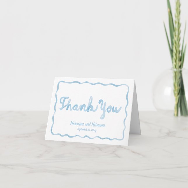 Whimsical Wavy Light Blue Hand Drawn Frame Thank You Card (Front)