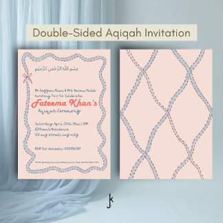 Whimsical wavy of Blush Pink and Soft Blue Aqiqah Invitation
