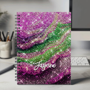 Whimsical wavy pink green Glitter monogram Noteboo Notebook