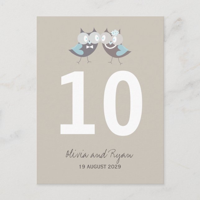 Whimsical Wedding Brown Blue Owls Table Number Postcard (Front)