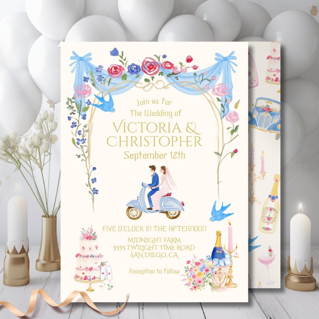 Whimsical Wedding Couple Italian scooter Invitation (Creator Uploaded)