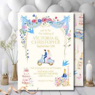 Whimsical Wedding Couple Italian scooter Invitation