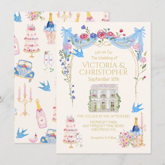 Whimsical Wedding French Chateau Mansion Invitation (Front/Back)