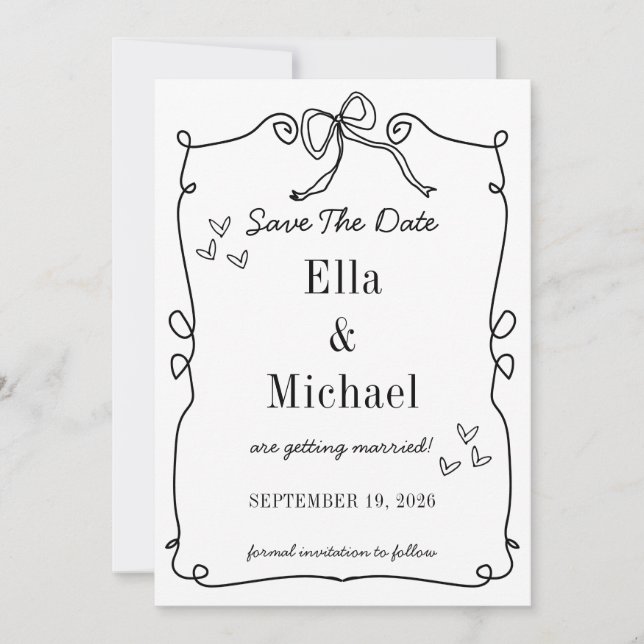 Whimsical Wedding Invitations with Hand Drawn Bow (Front)
