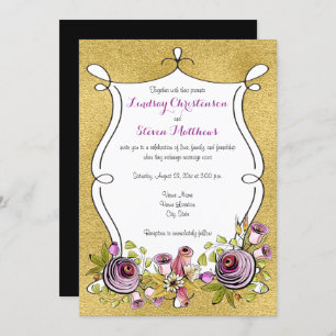 Whimsical Wedding Invite FAUX Gold Foil, Flowers