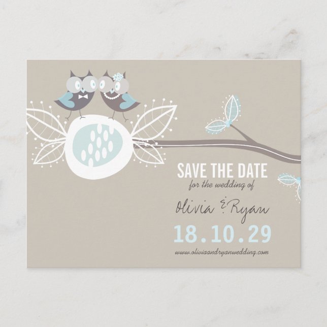 Whimsical Wedding Owls Tree Branch Save The Date Announcement Postcard (Front)