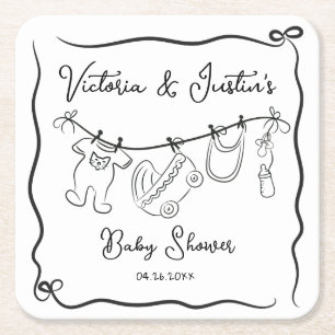 Whimsical Welcome Baby Shower Clothesline Square Paper Coaster