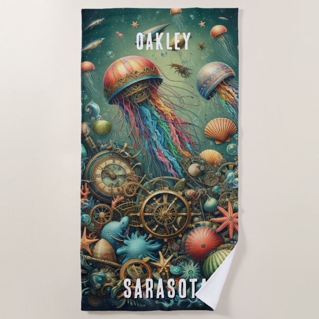 WHIMSICAL WHACKY FUNKY STEAMPUNK JELLYFISH BEACH TOWEL (Front)