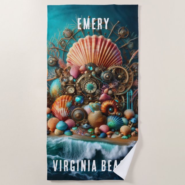 WHIMSICAL WHACKY STEAMPUNK SCALLOP SHELL ON BLUE BEACH TOWEL (Front)