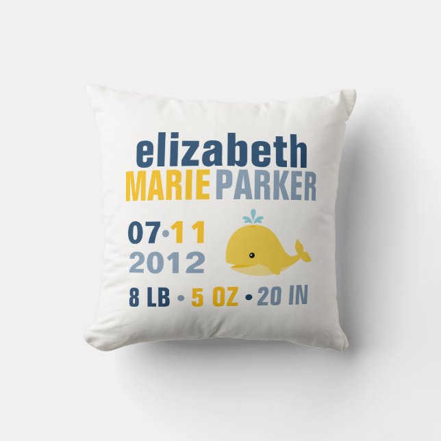 Whimsical Whale Baby Birth Announcement {yellow} Cushion (Front)