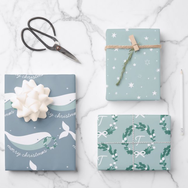 Whimsical Whale Christmas Wrapping Paper Sheets (Front)