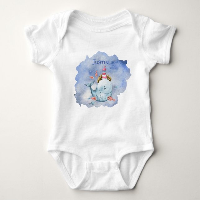 Whimsical Whale, Lighthouse, Fish On The Ocean  Baby Bodysuit (Front)