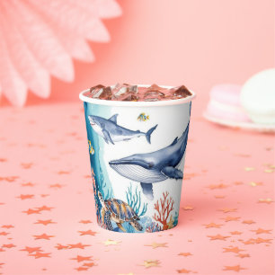 whimsical whale shark turtle fish birthday paper cups