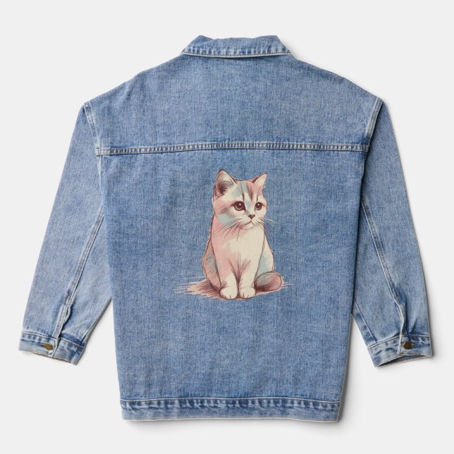 Whimsical Whiskers Cat Sketch Denim Jacket (Back)