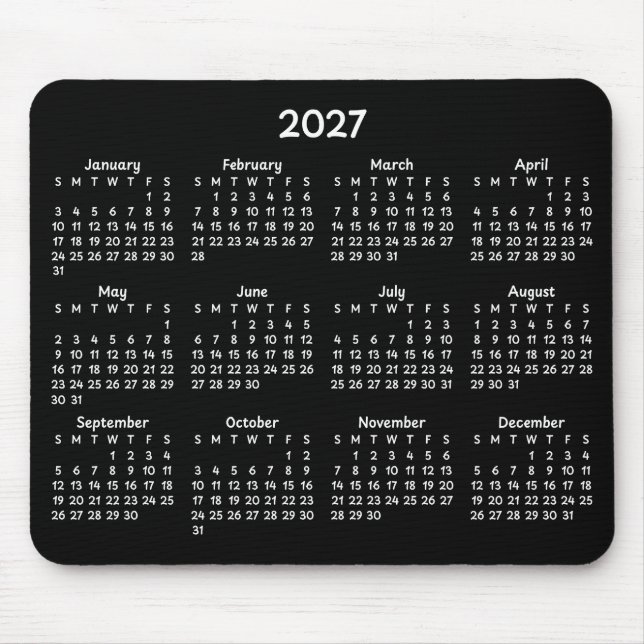 Whimsical White 2027 Calendar on Black Mouse Pad (Front)