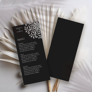 Whimsical White and Black Flourish Wedding Menu