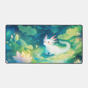 Whimsical White Axolotl in Magical Glowing Pond Desk Mat