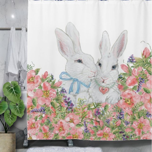 Whimsical White Bunny Rabbits, Pink Flowers Pastel Shower Curtain (Creator Uploaded)
