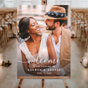 Whimsical White Calligraphy Photo Wedding Welcome Canvas Print