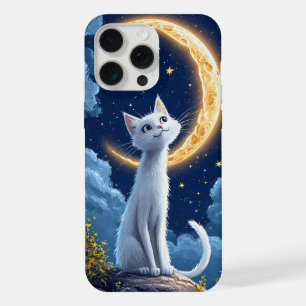 Whimsical White Cat Admiring a Glowing Moon iPhone 15 Pro Max Case